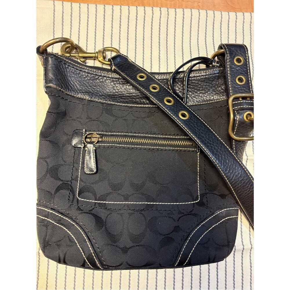 Coach Black Signature Crossbody with Leather Trim and Brass Hardware